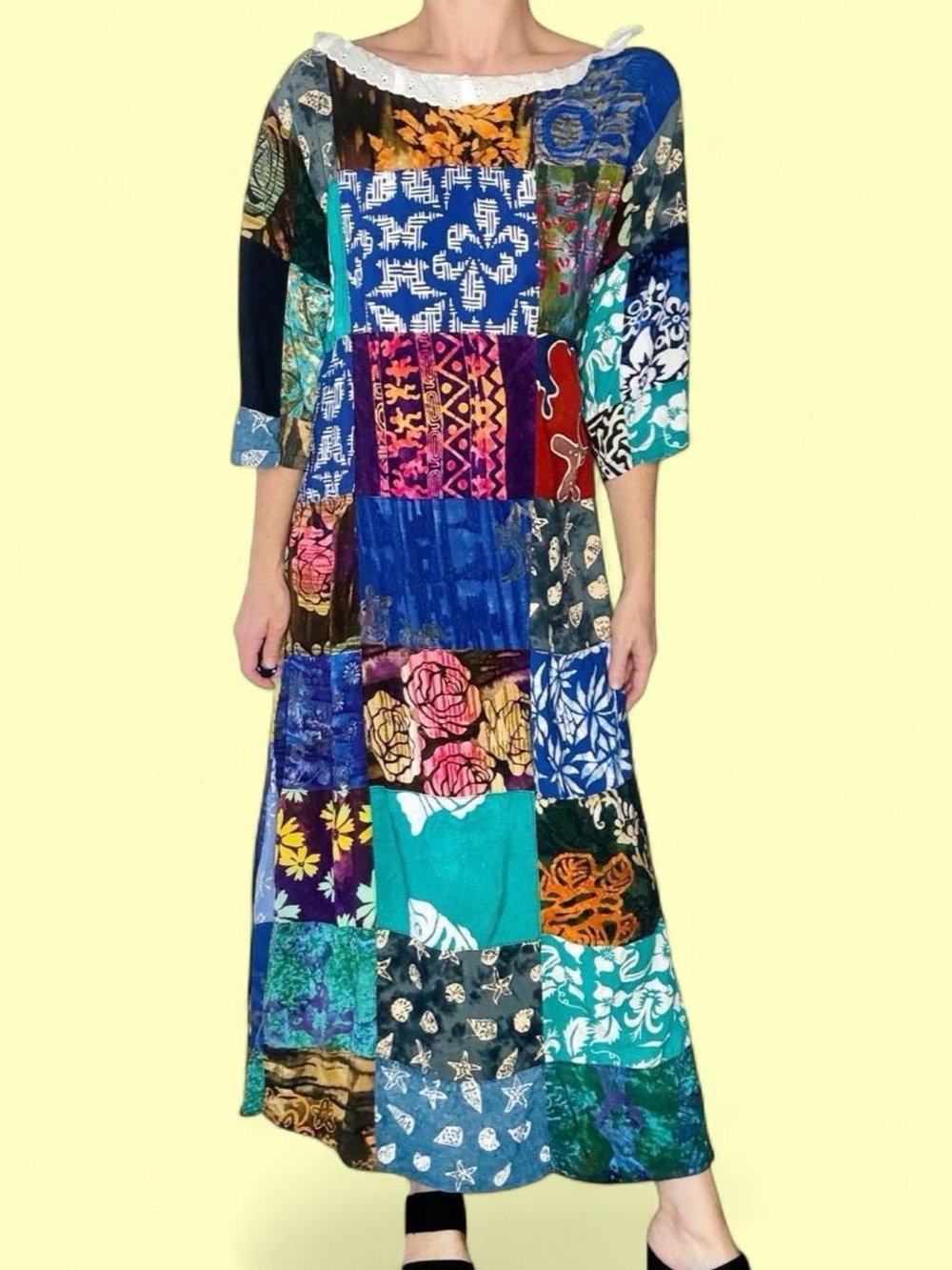 Vintage Handmade Colorful Hippie Patchwork Eyelet Maxi Dress